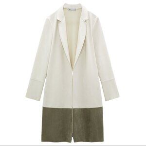 Zara Cardigan Fau Suede Longline Duster Open Front Color Block Lapel Coat Khaki